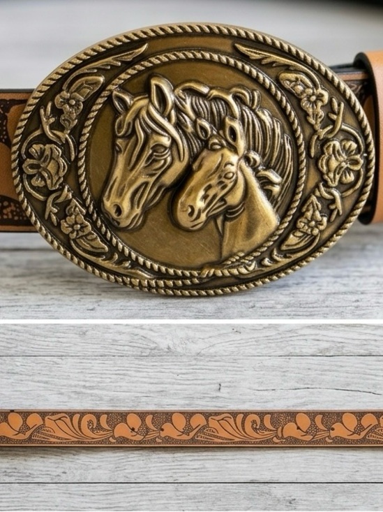 RYGOYI Accessories - Western Horse Embossed Tan Leather Belt with Antique Gold Buckle